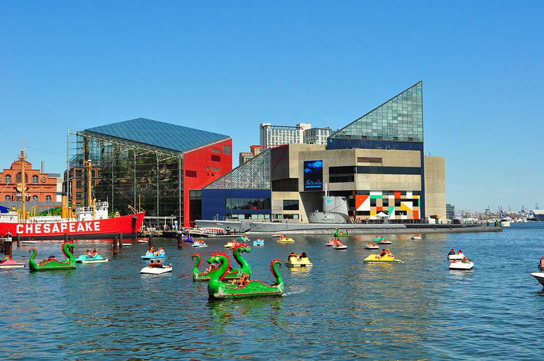 Exterior view of the Baltimore National Aquarium from the harbor