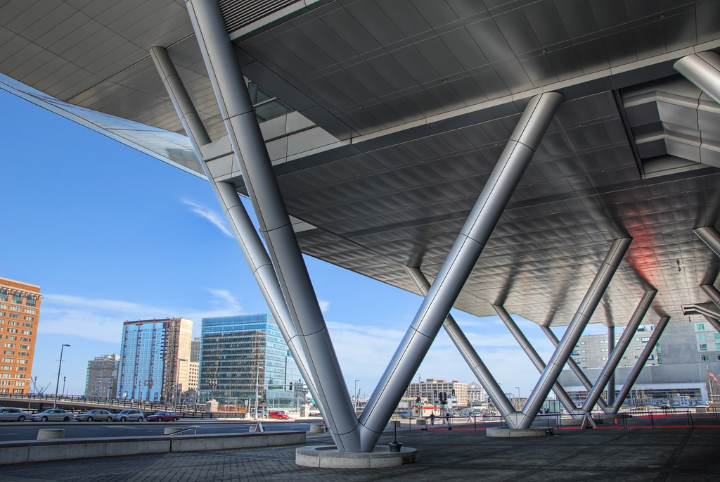 Under the canopy overhang at the Boston Convention & Exhibition Center, the BCEC